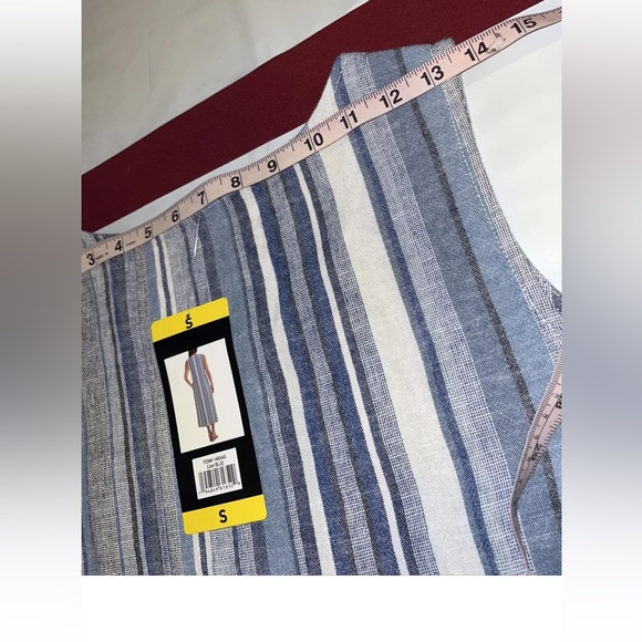 NEW BLUE WHITE LINEN VERTICAL STRIPE Long Dress Pockets Stretchy Beach Summer S - Picture 10 of 12